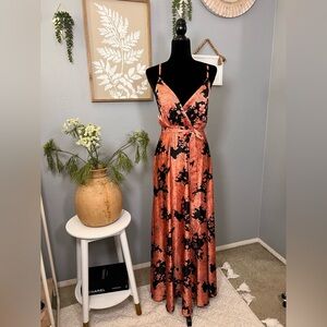 Lulus Black & Coral Floral Maxi Dress 🌺🔥 Open Back Goddess